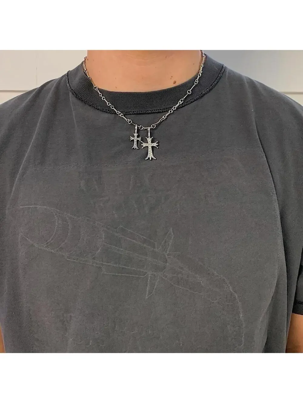 Double Cross Silver Necklace. Rhinestone Cross. 19.5 inches length. Is
